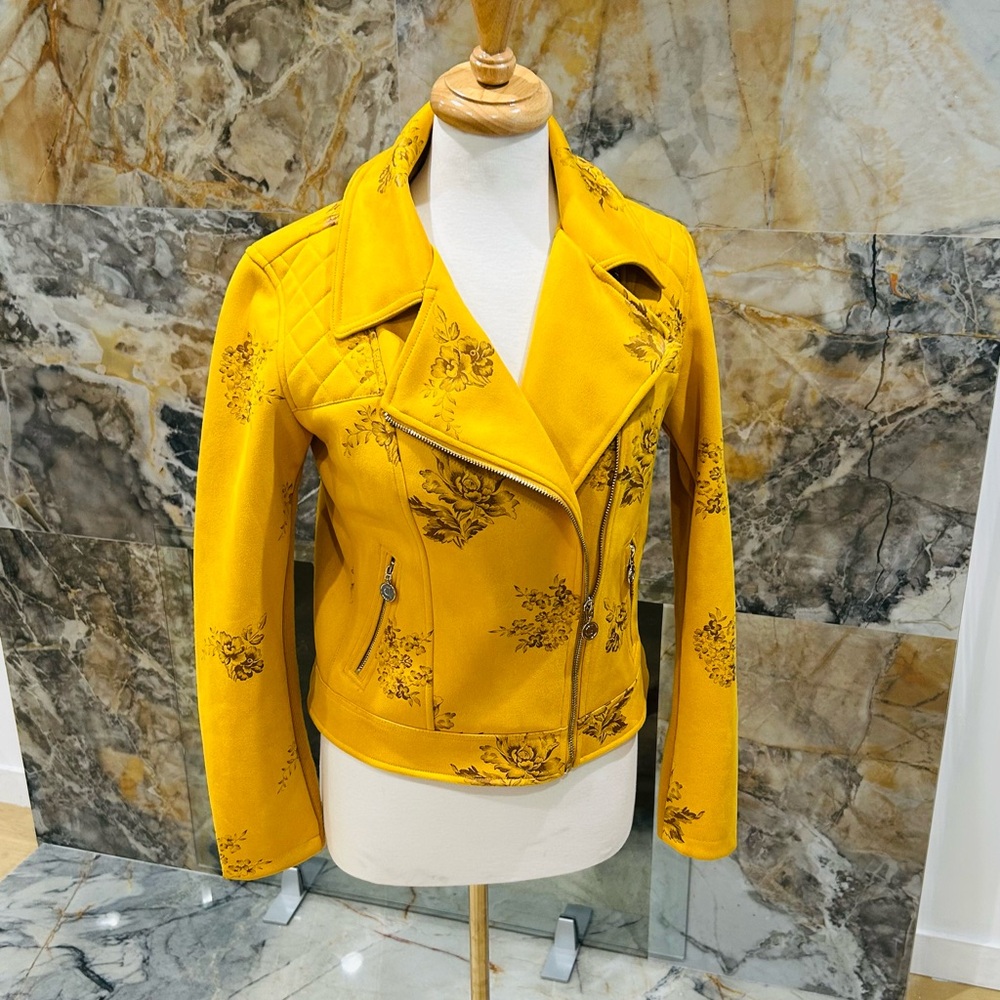 Desigual Yellow Leather Jacket with Floral Embroidery